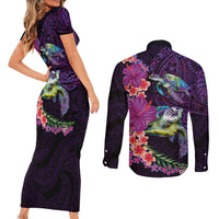Hawaiian Plumeria and Hibiscus with Turtles Couples Matching Short Sleeve Bodycon Dress and Long Sleeve Button Shirt Polynesian Art Purple Color LT03 - Polynesian Pride