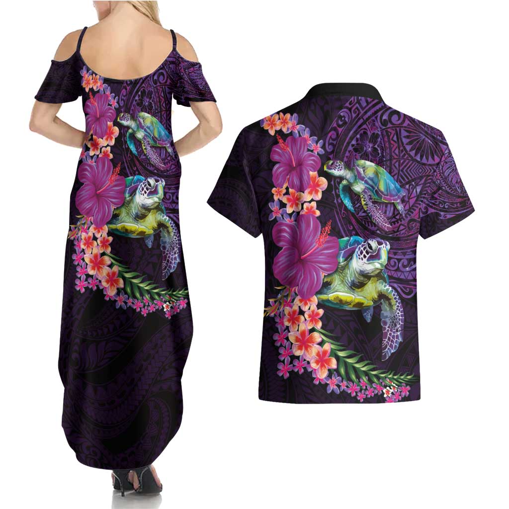 Hawaiian Plumeria and Hibiscus with Turtles Couples Matching Summer Maxi Dress and Hawaiian Shirt Polynesian Art Purple Color LT03 - Polynesian Pride