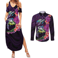 Hawaiian Plumeria and Hibiscus with Turtles Couples Matching Summer Maxi Dress and Long Sleeve Button Shirt Polynesian Art Purple Color LT03 Purple - Polynesian Pride