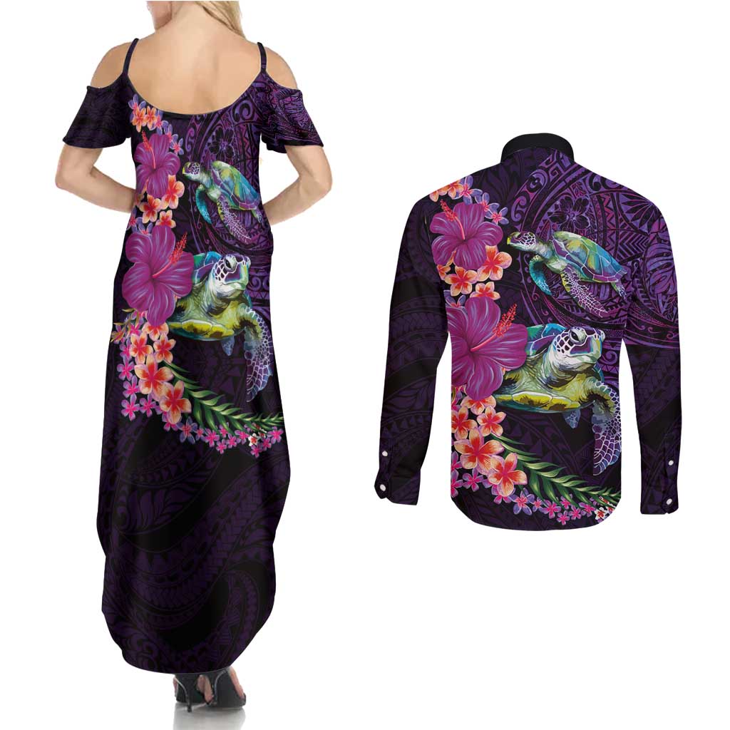 Hawaiian Plumeria and Hibiscus with Turtles Couples Matching Summer Maxi Dress and Long Sleeve Button Shirt Polynesian Art Purple Color LT03 - Polynesian Pride