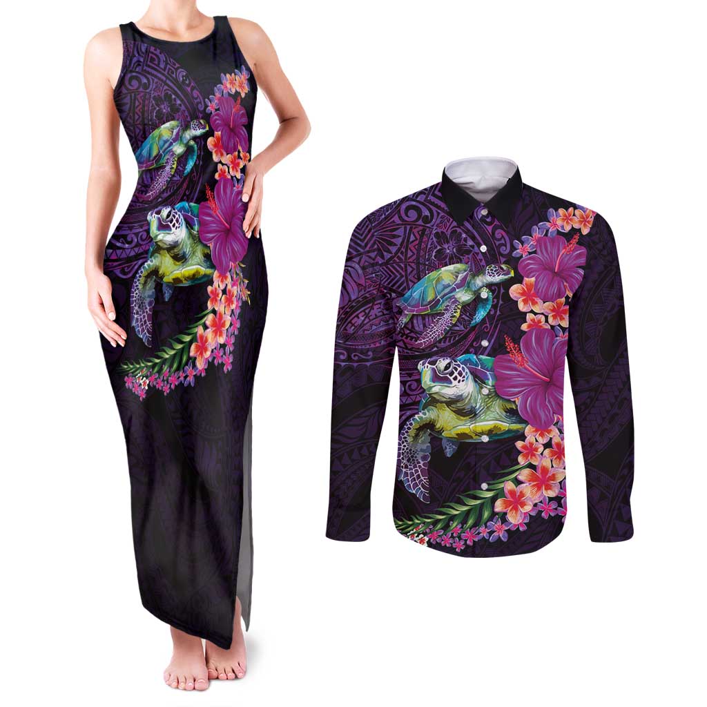 Hawaiian Plumeria and Hibiscus with Turtles Couples Matching Tank Maxi Dress and Long Sleeve Button Shirt Polynesian Art Purple Color LT03 Purple - Polynesian Pride
