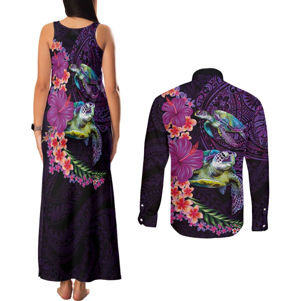 Hawaiian Plumeria and Hibiscus with Turtles Couples Matching Tank Maxi Dress and Long Sleeve Button Shirt Polynesian Art Purple Color LT03 - Polynesian Pride