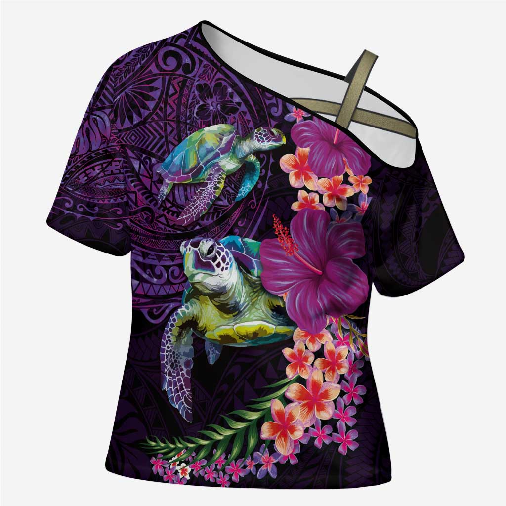 Hawaiian Plumeria and Hibiscus with Turtles Cross Shoulder Shirt Polynesian Art Purple Color LT03 Female Purple - Polynesian Pride