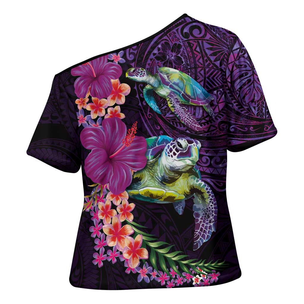 Hawaiian Plumeria and Hibiscus with Turtles Cross Shoulder Shirt Polynesian Art Purple Color LT03 - Polynesian Pride
