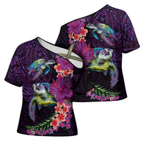 Hawaiian Plumeria and Hibiscus with Turtles Cross Shoulder Shirt Polynesian Art Purple Color LT03 - Polynesian Pride