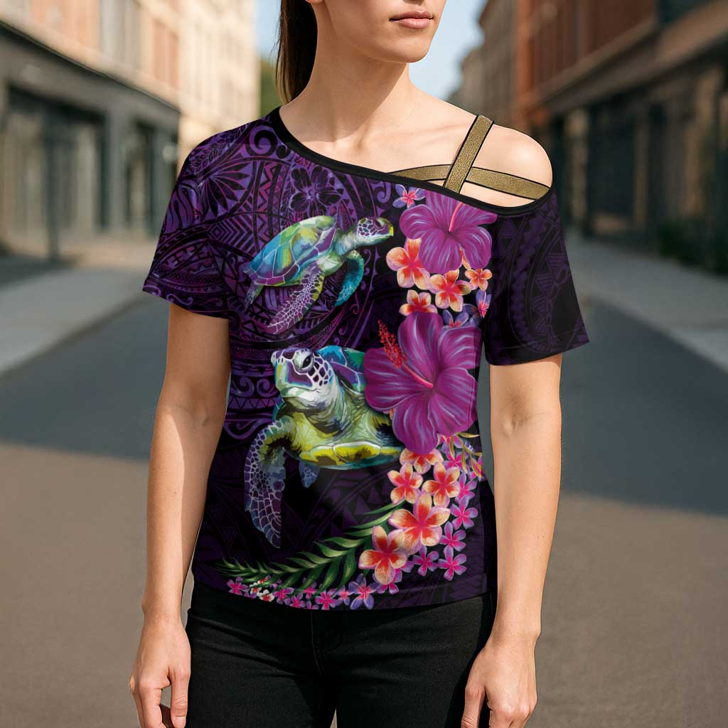 Hawaiian Plumeria and Hibiscus with Turtles Cross Shoulder Shirt Polynesian Art Purple Color LT03 - Polynesian Pride