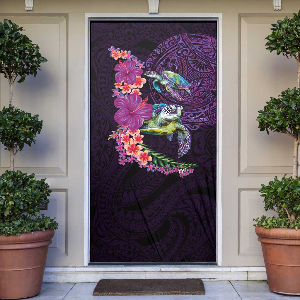 Hawaiian Plumeria and Hibiscus with Turtles Door Cover Polynesian Art Purple Color LT03 Purple - Polynesian Pride