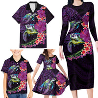 Hawaiian Plumeria and Hibiscus with Turtles Family Matching Long Sleeve Bodycon Dress and Hawaiian Shirt Polynesian Art Purple Color LT03 - Polynesian Pride