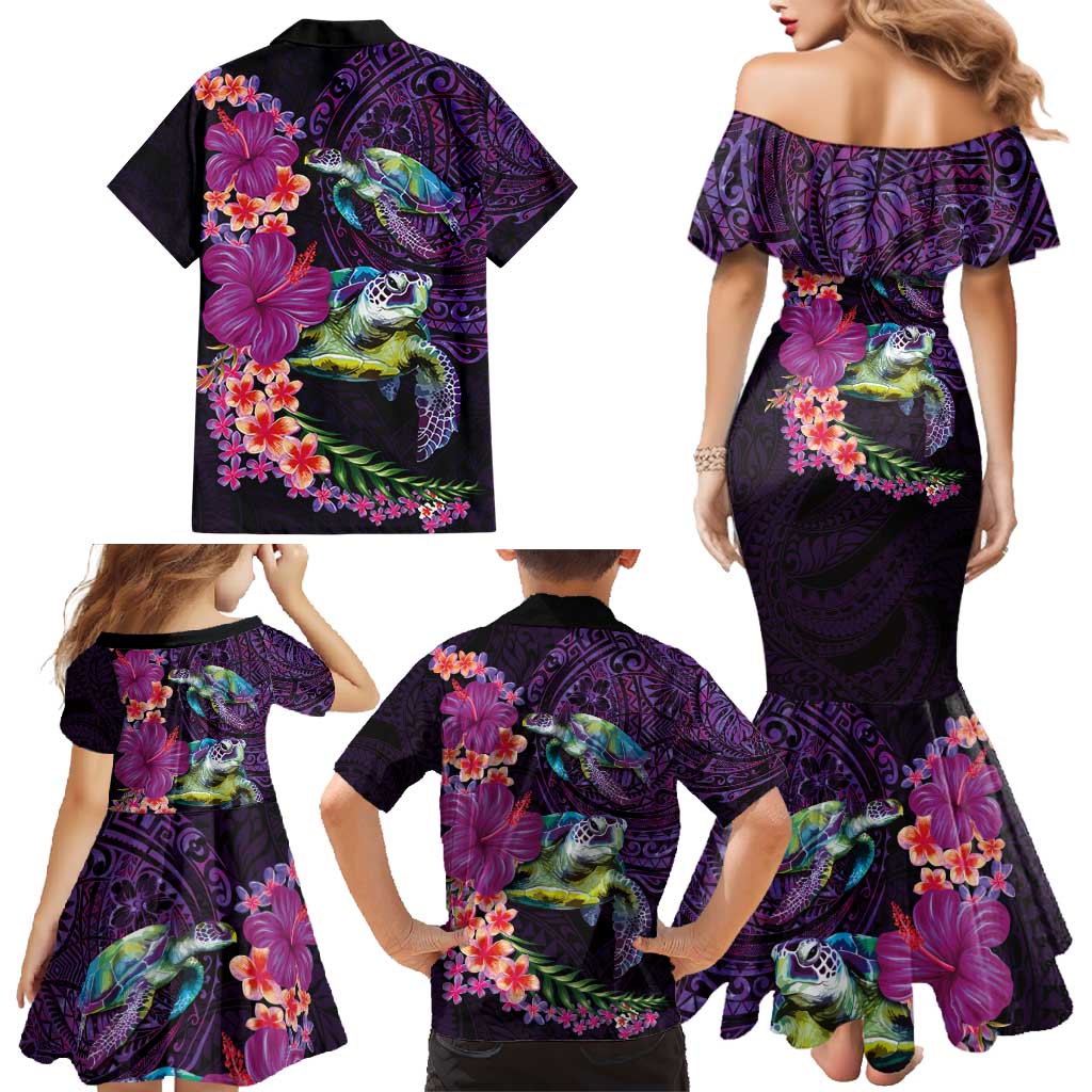 Hawaiian Plumeria and Hibiscus with Turtles Family Matching Mermaid Dress and Hawaiian Shirt Polynesian Art Purple Color LT03 - Polynesian Pride