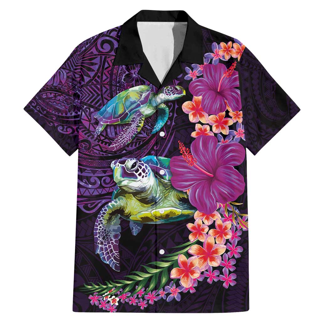 Hawaiian Plumeria and Hibiscus with Turtles Family Matching Mermaid Dress and Hawaiian Shirt Polynesian Art Purple Color LT03 Dad's Shirt - Short Sleeve Purple - Polynesian Pride