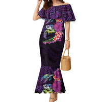 Hawaiian Plumeria and Hibiscus with Turtles Family Matching Mermaid Dress and Hawaiian Shirt Polynesian Art Purple Color LT03 Mom's Dress Purple - Polynesian Pride