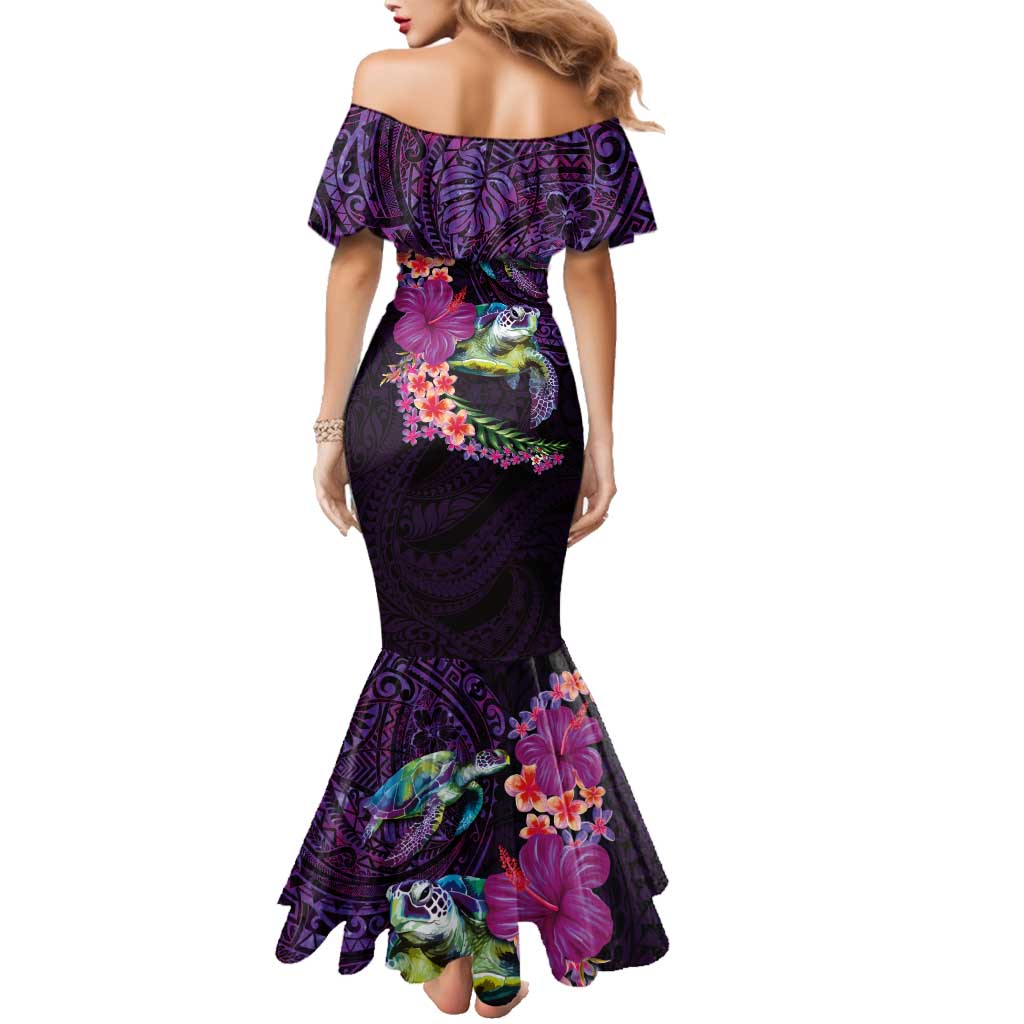Hawaiian Plumeria and Hibiscus with Turtles Family Matching Mermaid Dress and Hawaiian Shirt Polynesian Art Purple Color LT03 - Polynesian Pride