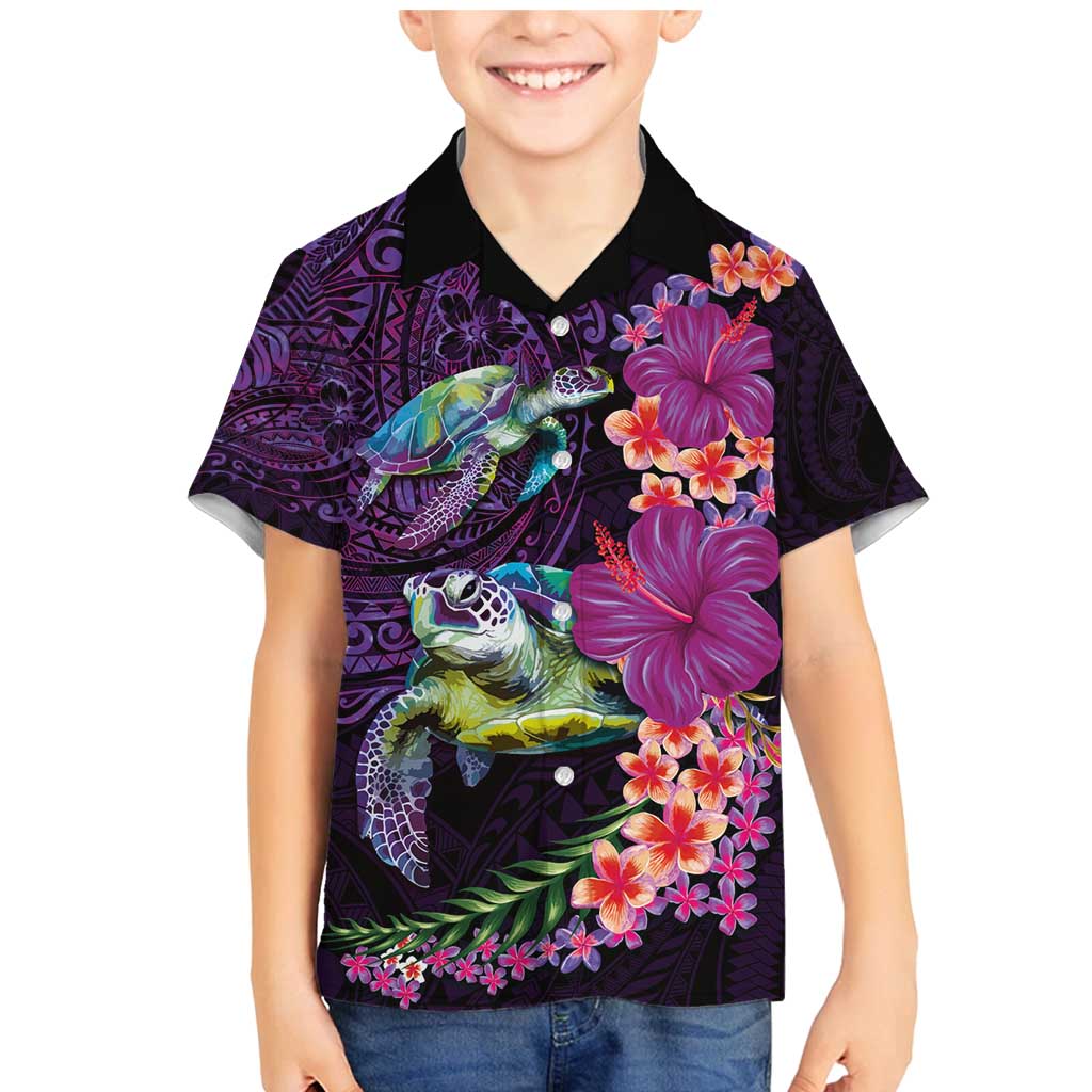 Hawaiian Plumeria and Hibiscus with Turtles Family Matching Mermaid Dress and Hawaiian Shirt Polynesian Art Purple Color LT03 Son's Shirt Purple - Polynesian Pride