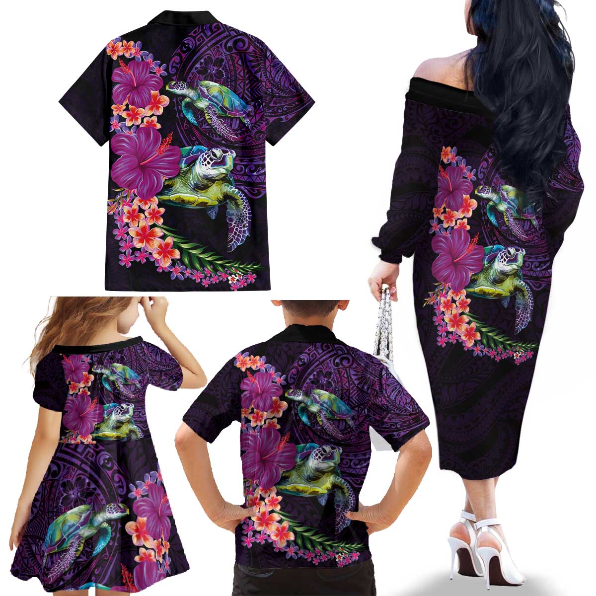 Hawaiian Plumeria and Hibiscus with Turtles Family Matching Off The Shoulder Long Sleeve Dress and Hawaiian Shirt Polynesian Art Purple Color LT03 - Polynesian Pride