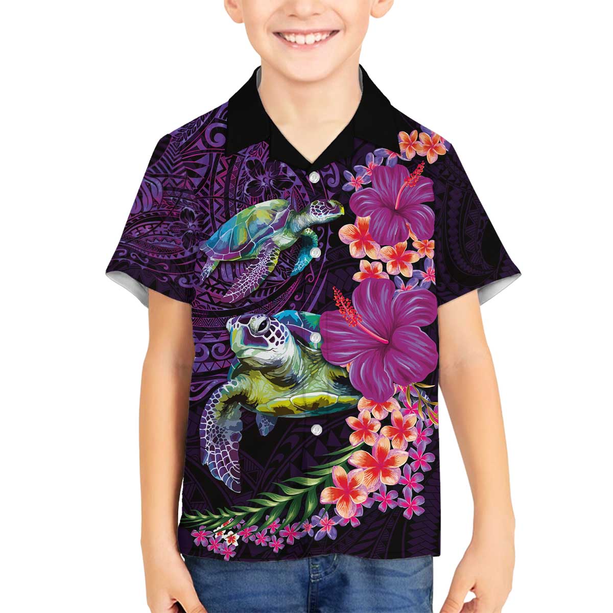 Hawaiian Plumeria and Hibiscus with Turtles Family Matching Off The Shoulder Long Sleeve Dress and Hawaiian Shirt Polynesian Art Purple Color LT03 Son's Shirt Purple - Polynesian Pride