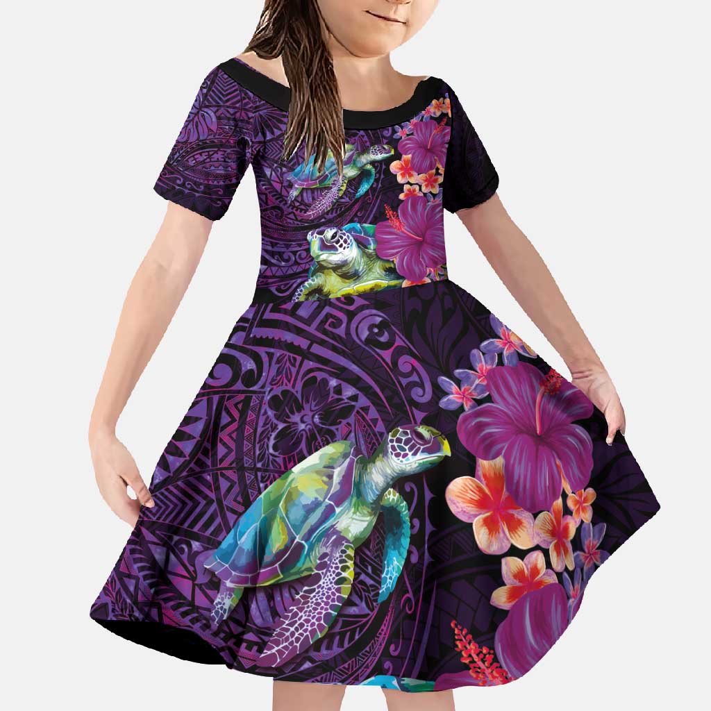 Hawaiian Plumeria and Hibiscus with Turtles Family Matching Off Shoulder Maxi Dress and Hawaiian Shirt Polynesian Art Purple Color LT03 Daughter's Dress Purple - Polynesian Pride