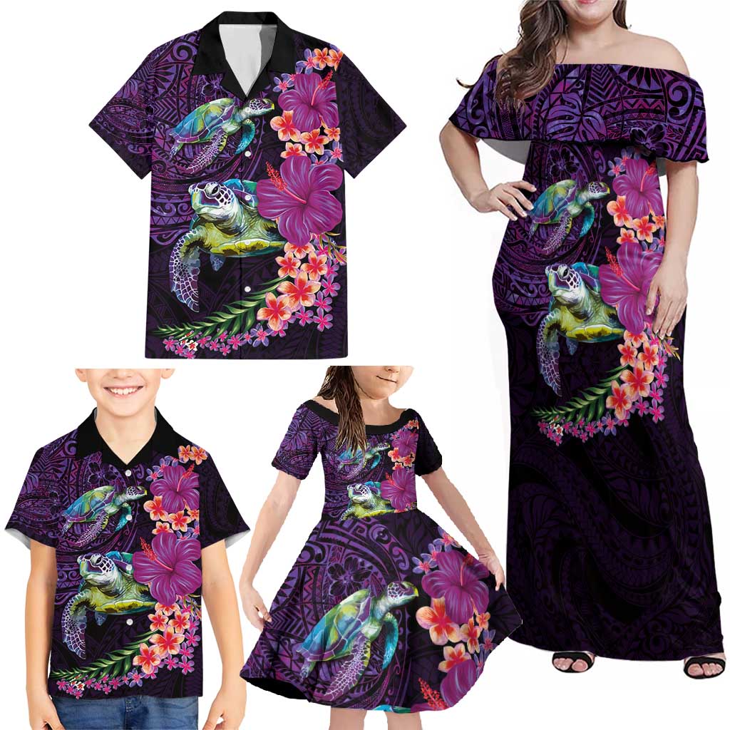 Hawaiian Plumeria and Hibiscus with Turtles Family Matching Off Shoulder Maxi Dress and Hawaiian Shirt Polynesian Art Purple Color LT03 - Polynesian Pride