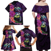 Hawaiian Plumeria and Hibiscus with Turtles Family Matching Off Shoulder Maxi Dress and Hawaiian Shirt Polynesian Art Purple Color LT03 - Polynesian Pride