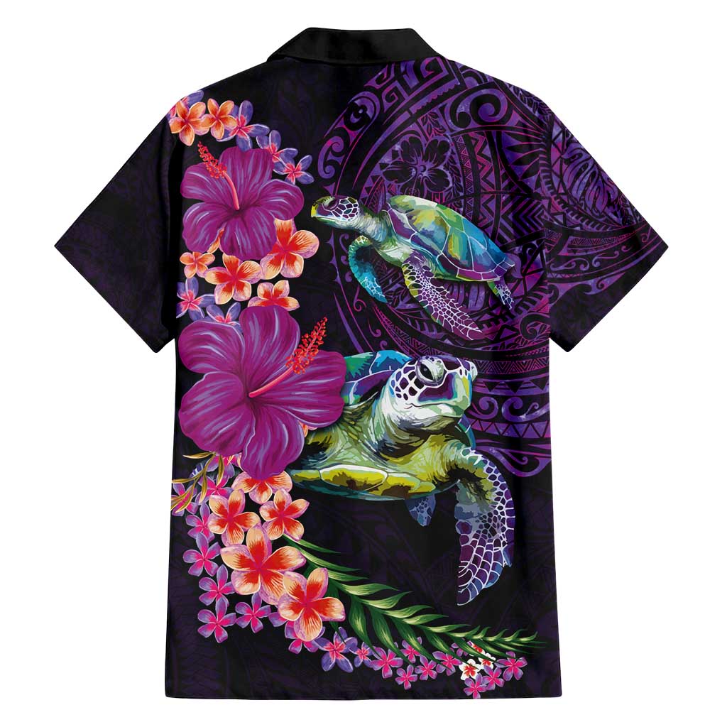 Hawaiian Plumeria and Hibiscus with Turtles Family Matching Off Shoulder Maxi Dress and Hawaiian Shirt Polynesian Art Purple Color LT03 - Polynesian Pride