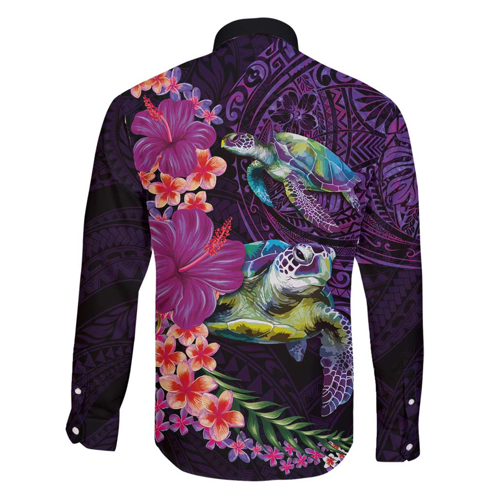 Hawaiian Plumeria and Hibiscus with Turtles Family Matching Off Shoulder Maxi Dress and Hawaiian Shirt Polynesian Art Purple Color LT03 - Polynesian Pride