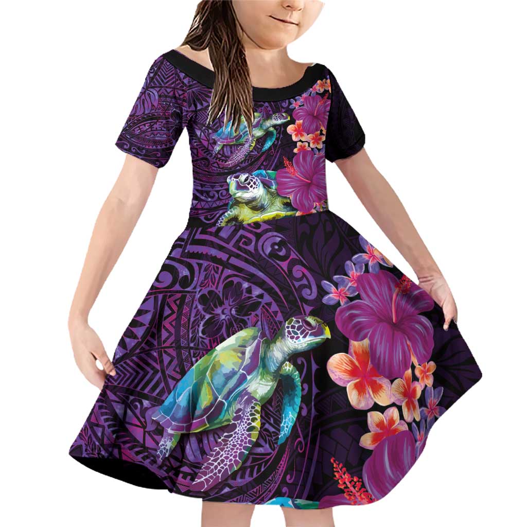 Hawaiian Plumeria and Hibiscus with Turtles Family Matching Off Shoulder Short Dress and Hawaiian Shirt Polynesian Art Purple Color LT03 Daughter's Dress Purple - Polynesian Pride
