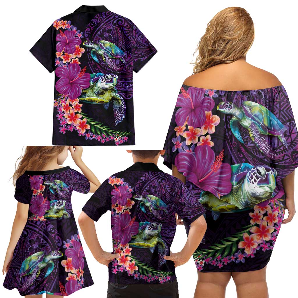 Hawaiian Plumeria and Hibiscus with Turtles Family Matching Off Shoulder Short Dress and Hawaiian Shirt Polynesian Art Purple Color LT03 - Polynesian Pride