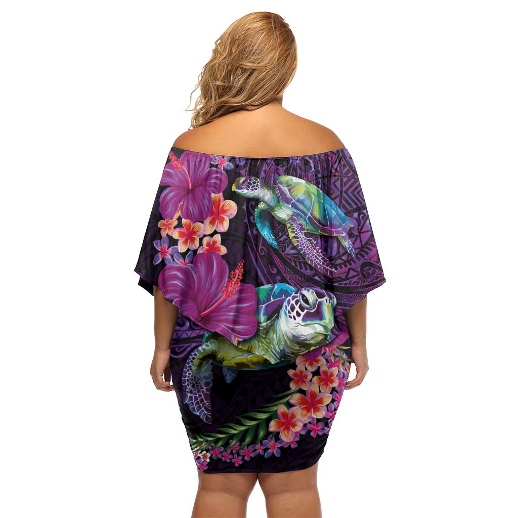 Hawaiian Plumeria and Hibiscus with Turtles Family Matching Off Shoulder Short Dress and Hawaiian Shirt Polynesian Art Purple Color LT03 - Polynesian Pride