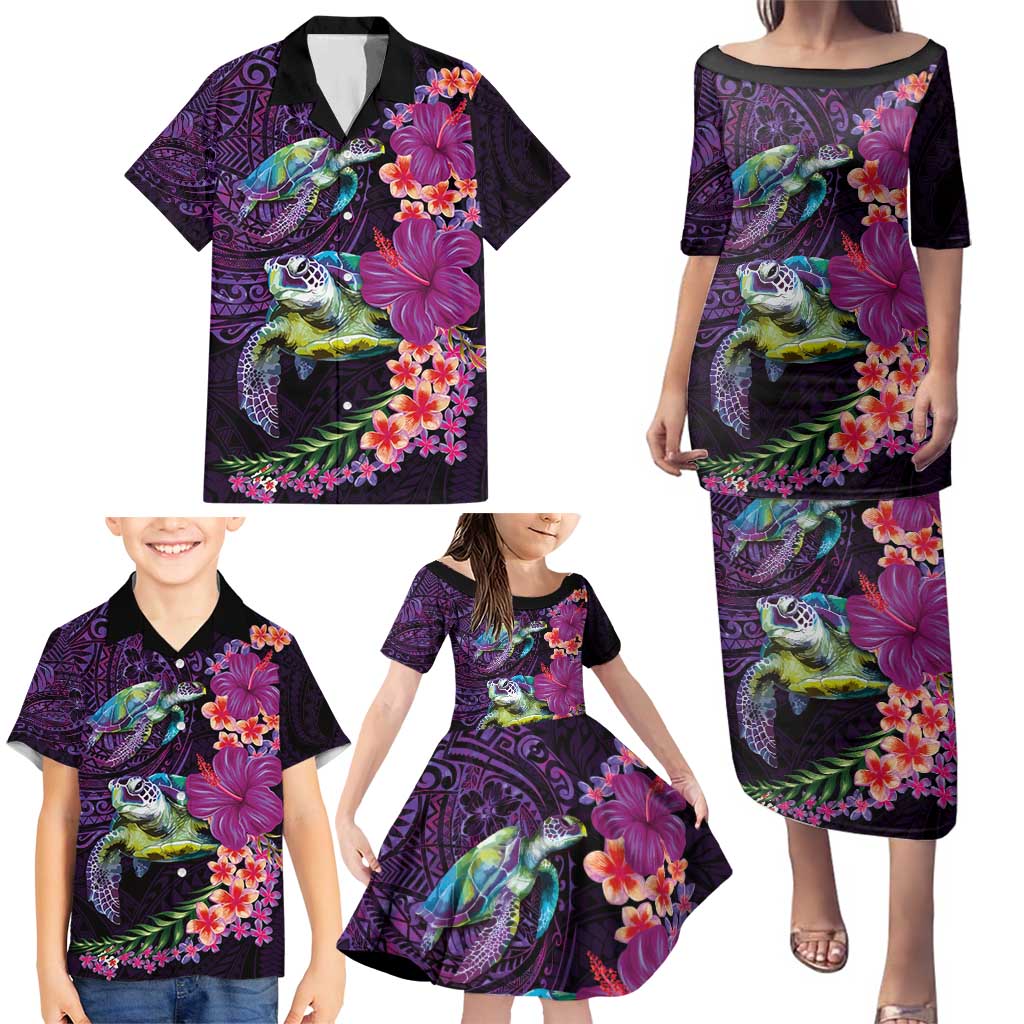 Hawaiian Plumeria and Hibiscus with Turtles Family Matching Puletasi and Hawaiian Shirt Polynesian Art Purple Color LT03 - Polynesian Pride