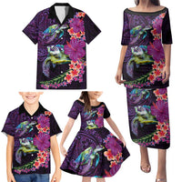 Hawaiian Plumeria and Hibiscus with Turtles Family Matching Puletasi and Hawaiian Shirt Polynesian Art Purple Color LT03 - Polynesian Pride
