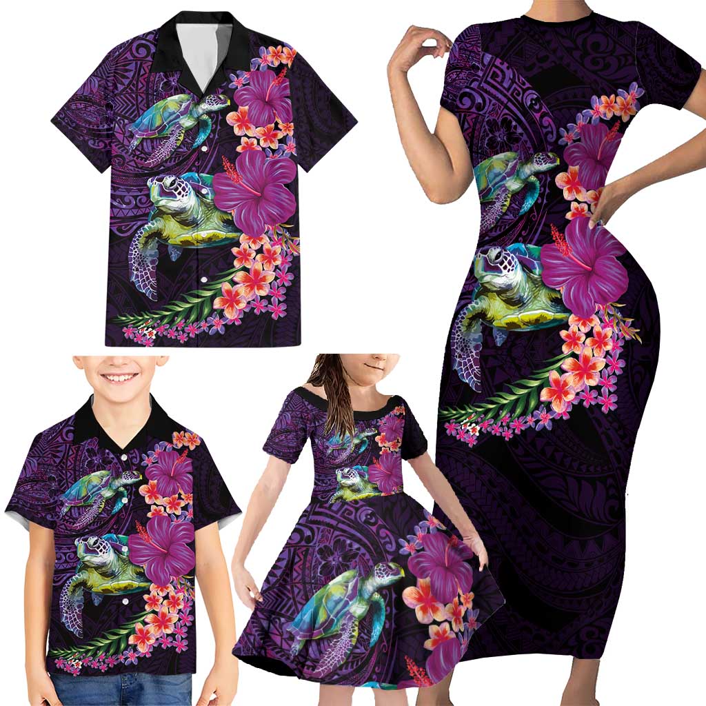 Hawaiian Plumeria and Hibiscus with Turtles Family Matching Short Sleeve Bodycon Dress and Hawaiian Shirt Polynesian Art Purple Color LT03 - Polynesian Pride
