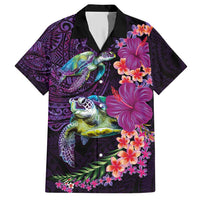 Hawaiian Plumeria and Hibiscus with Turtles Family Matching Short Sleeve Bodycon Dress and Hawaiian Shirt Polynesian Art Purple Color LT03 Dad's Shirt - Short Sleeve Purple - Polynesian Pride