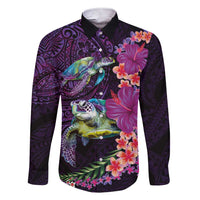 Hawaiian Plumeria and Hibiscus with Turtles Family Matching Short Sleeve Bodycon Dress and Hawaiian Shirt Polynesian Art Purple Color LT03 Dad's Shirt - Long Sleeve Purple - Polynesian Pride