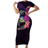 Hawaiian Plumeria and Hibiscus with Turtles Family Matching Short Sleeve Bodycon Dress and Hawaiian Shirt Polynesian Art Purple Color LT03 Mom's Dress Purple - Polynesian Pride