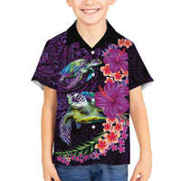 Hawaiian Plumeria and Hibiscus with Turtles Family Matching Short Sleeve Bodycon Dress and Hawaiian Shirt Polynesian Art Purple Color LT03 Son's Shirt Purple - Polynesian Pride