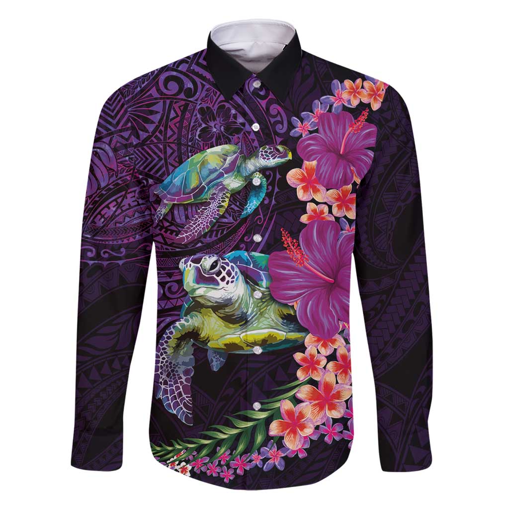 Hawaiian Plumeria and Hibiscus with Turtles Family Matching Summer Maxi Dress and Hawaiian Shirt Polynesian Art Purple Color LT03 Dad's Shirt - Long Sleeve Purple - Polynesian Pride