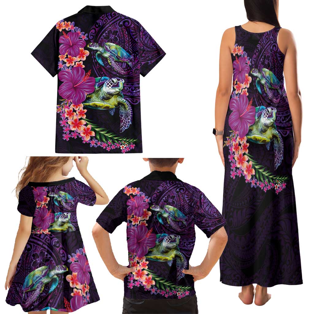 Hawaiian Plumeria and Hibiscus with Turtles Family Matching Tank Maxi Dress and Hawaiian Shirt Polynesian Art Purple Color LT03 - Polynesian Pride