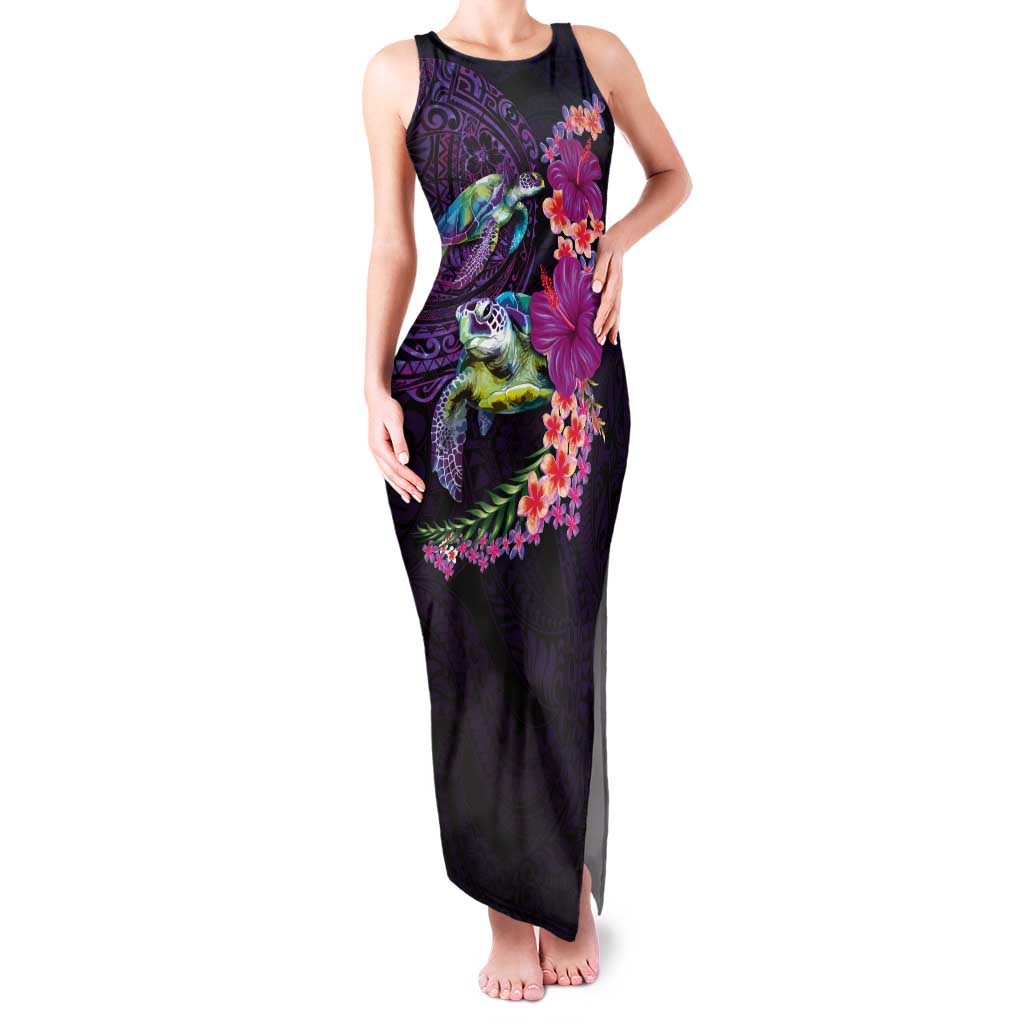 Hawaiian Plumeria and Hibiscus with Turtles Family Matching Tank Maxi Dress and Hawaiian Shirt Polynesian Art Purple Color LT03 Mom's Dress Purple - Polynesian Pride