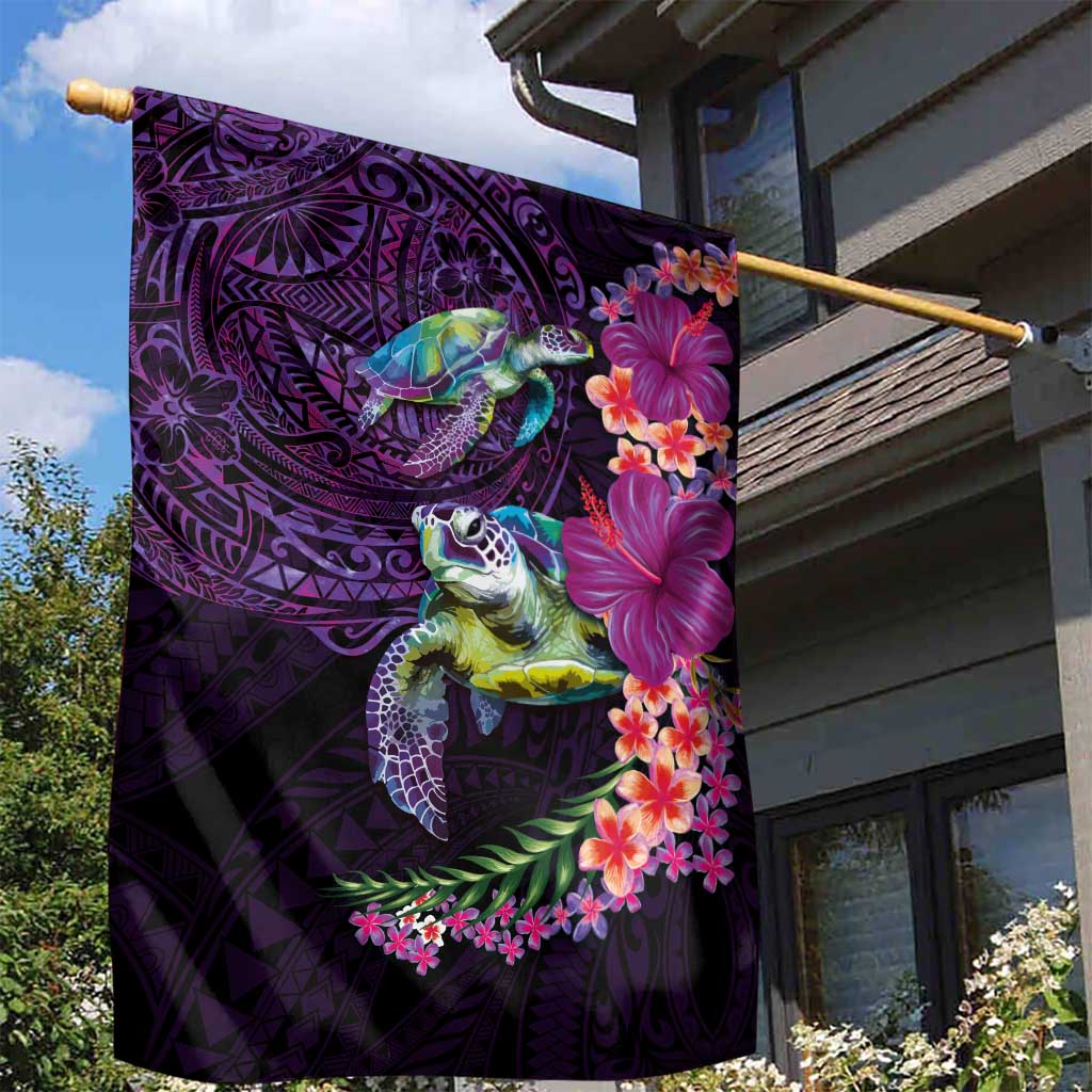 Hawaiian Plumeria and Hibiscus with Turtles Garden Flag Polynesian Art Purple Color LT03 - Polynesian Pride