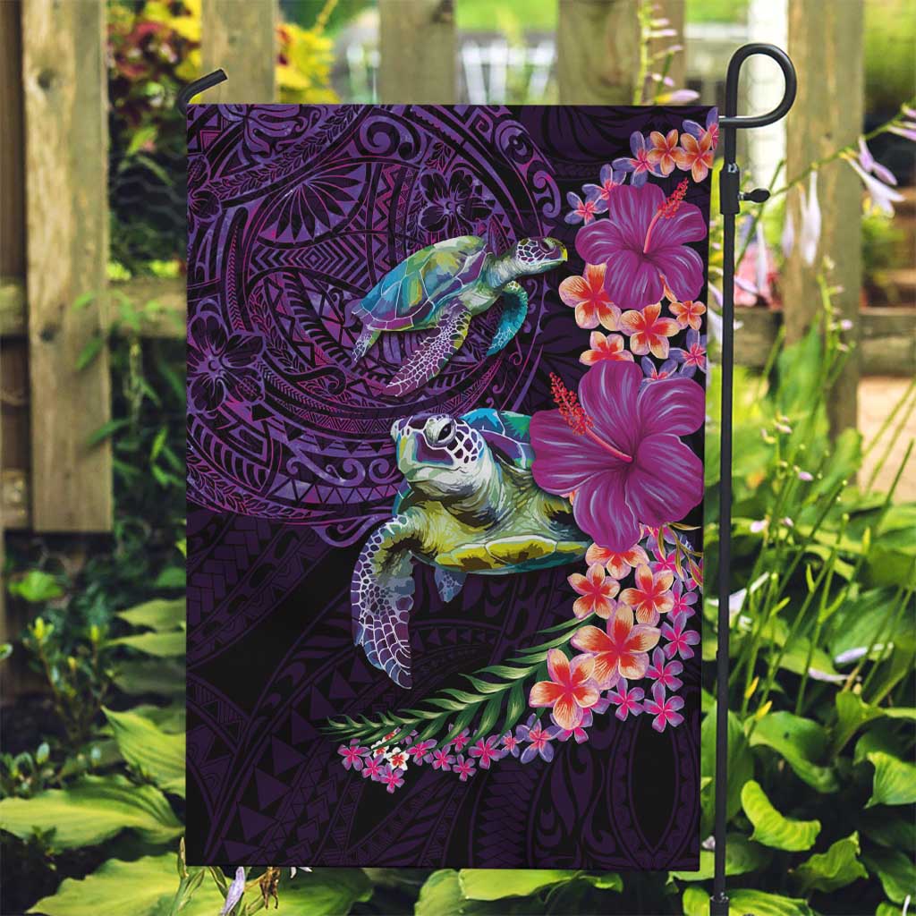 Hawaiian Plumeria and Hibiscus with Turtles Garden Flag Polynesian Art Purple Color LT03 Garden Flag Purple - Polynesian Pride