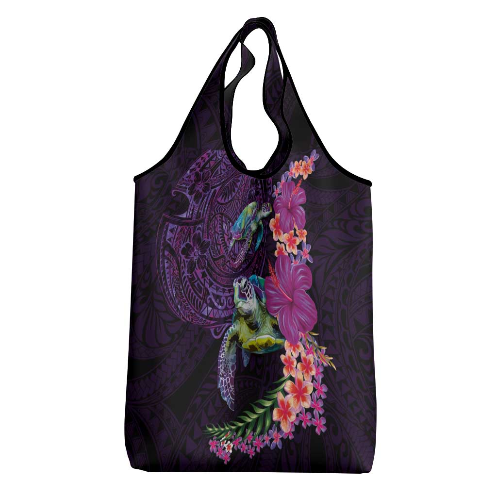 Hawaiian Plumeria and Hibiscus with Turtles Grocery Bag Polynesian Art Purple Color LT03 - Polynesian Pride