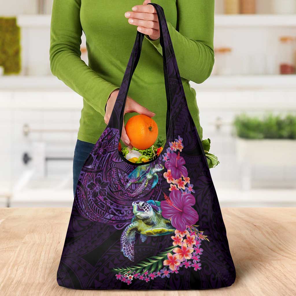 Hawaiian Plumeria and Hibiscus with Turtles Grocery Bag Polynesian Art Purple Color LT03 - Polynesian Pride