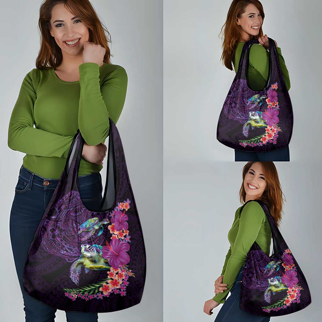 Hawaiian Plumeria and Hibiscus with Turtles Grocery Bag Polynesian Art Purple Color LT03 - Polynesian Pride