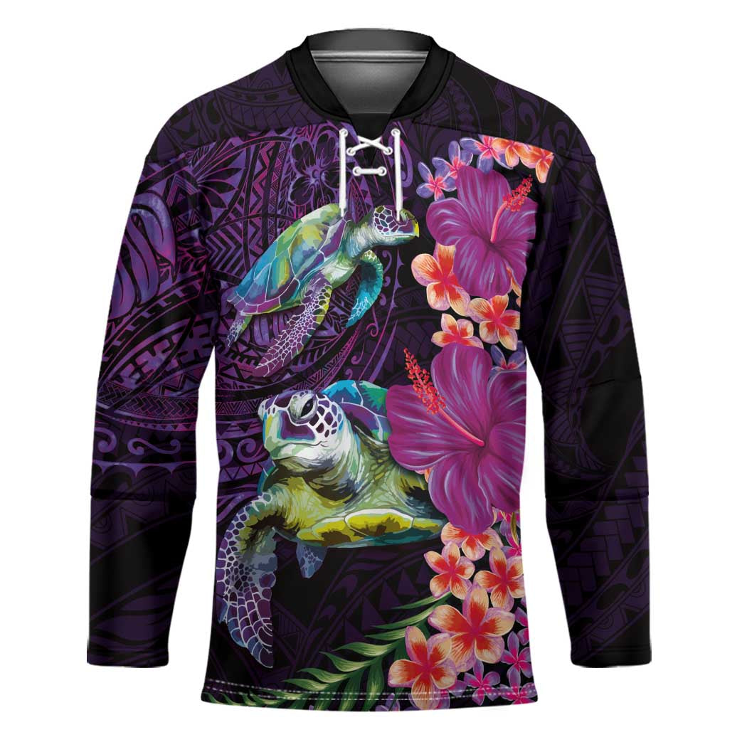 Hawaiian Plumeria and Hibiscus with Turtles Hockey Jersey Polynesian Art Purple Color LT03 Unisex Purple - Polynesian Pride