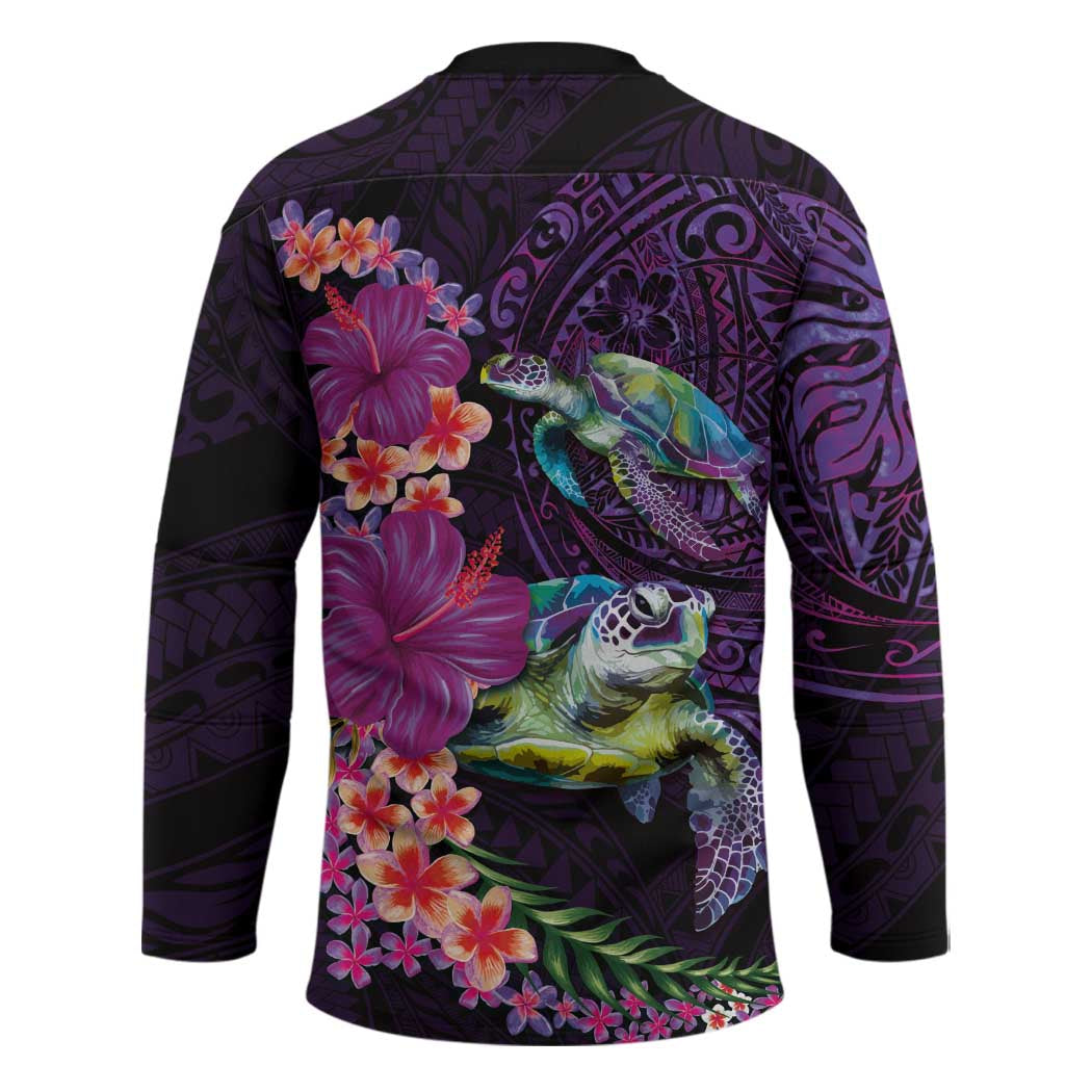 Hawaiian Plumeria and Hibiscus with Turtles Hockey Jersey Polynesian Art Purple Color LT03 - Polynesian Pride