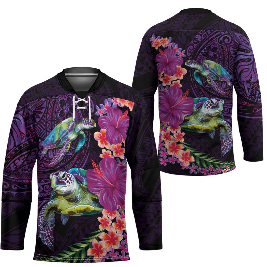 Hawaiian Plumeria and Hibiscus with Turtles Hockey Jersey Polynesian Art Purple Color LT03 - Polynesian Pride