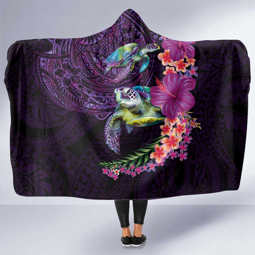 Hawaiian Plumeria and Hibiscus with Turtles Hooded Blanket Polynesian Art Purple Color LT03 One Size Purple - Polynesian Pride