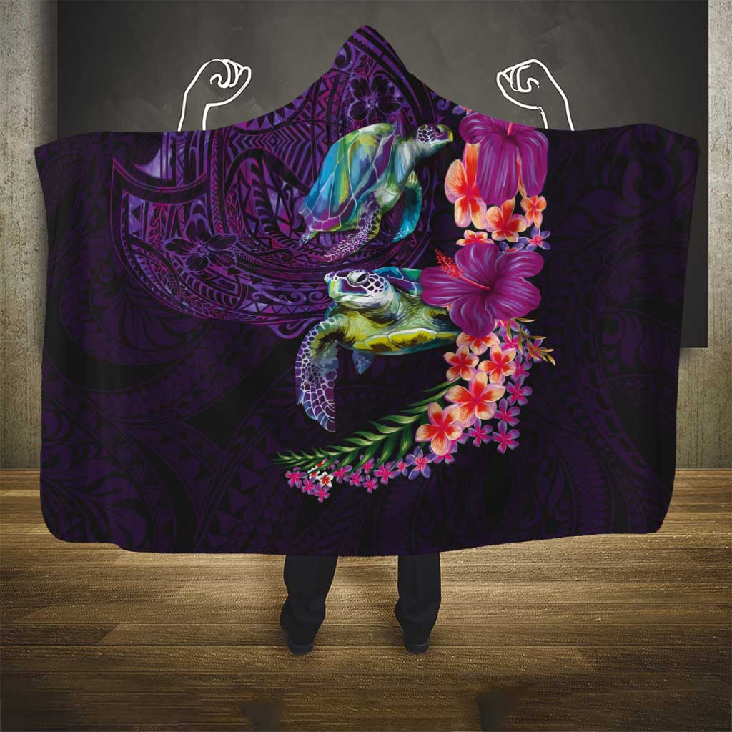 Hawaiian Plumeria and Hibiscus with Turtles Hooded Blanket Polynesian Art Purple Color LT03 - Polynesian Pride
