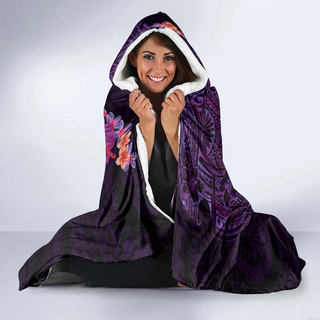 Hawaiian Plumeria and Hibiscus with Turtles Hooded Blanket Polynesian Art Purple Color LT03 - Polynesian Pride