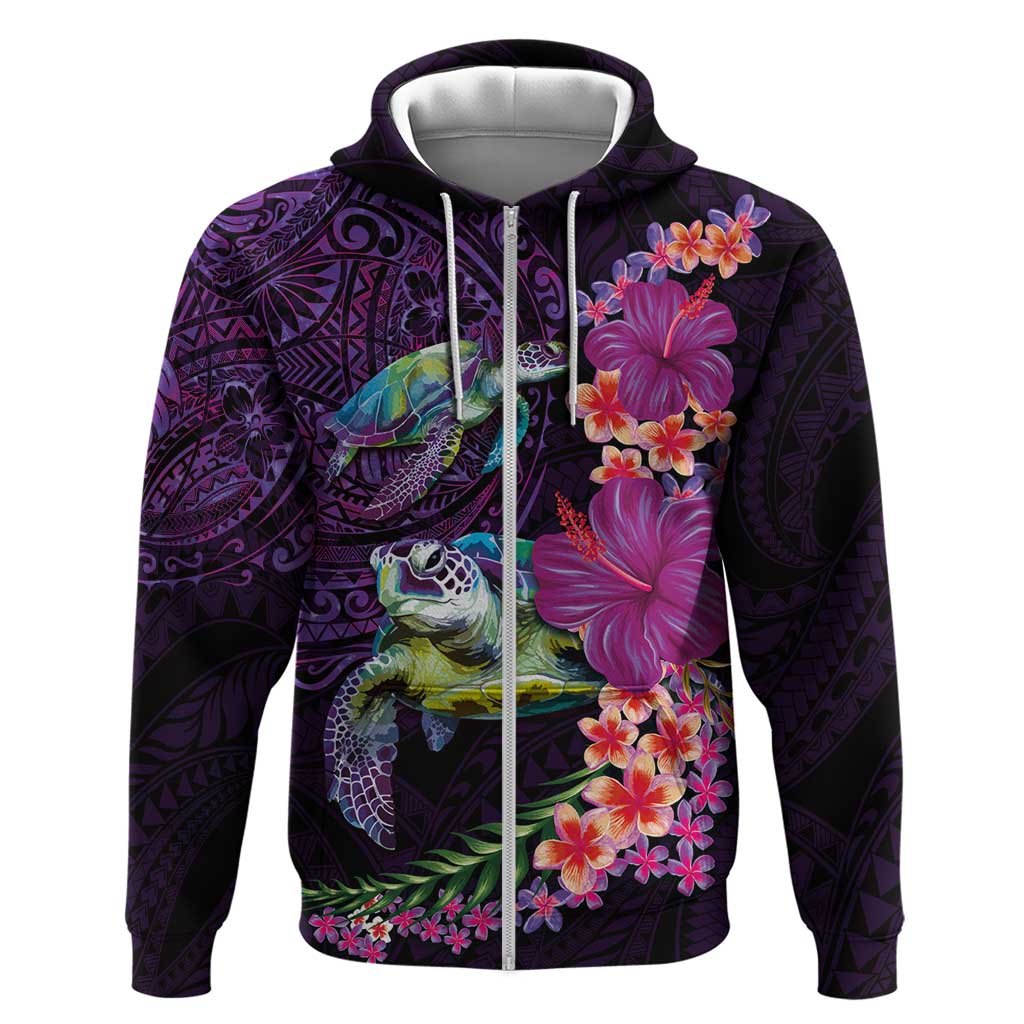 Hawaiian Plumeria and Hibiscus with Turtles Hoodie Polynesian Art Purple Color LT03 Zip Hoodie Purple - Polynesian Pride