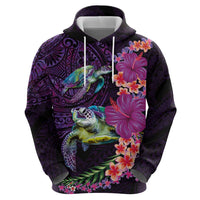 Hawaiian Plumeria and Hibiscus with Turtles Hoodie Polynesian Art Purple Color LT03 - Polynesian Pride